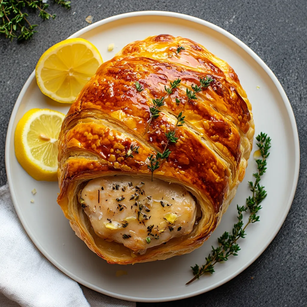 A perfectly baked golden brown puff pastry sits with beautiful imperfections, a testament to it being handmade. Peeking from underneath is succulent chicken, glistening with the zesty lemon thyme sauce. The plate is accessorized with a few sprigs of fresh thyme and a slice of lemon, adding fresh pops of color.