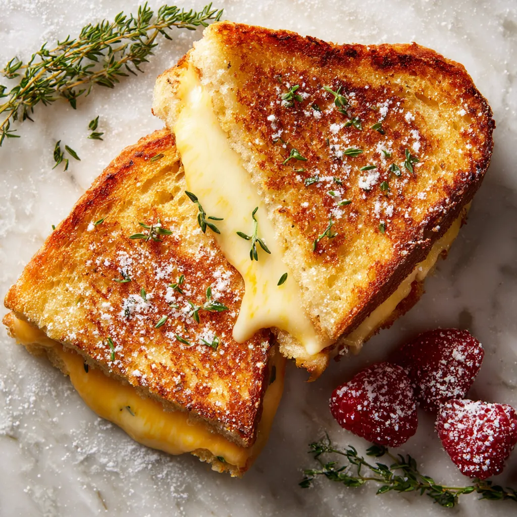 Golden-brown, grilled sourdough squares diagonally aligned reveal melted, gooey cheddar cheese dripping subtly. Green flecks of lemon thyme leaves sprinkled on top along with a side of fresh berries and a dusting of powdered sugar make this dish a visual treat.