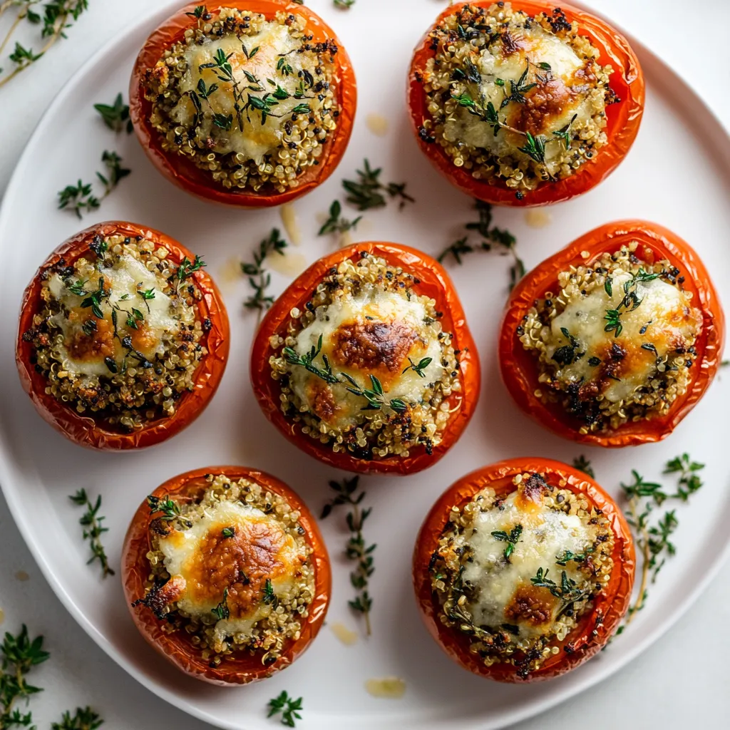 Glistening roasted tomatoes amply stuffed with fluffy quinoa, flecked green with tender lemon thyme leaves, and crowned with a golden melt of Gruyère cheese, against a stark white plate. Sprinkled around are more fresh lemon thyme leaves, adding pops of green.