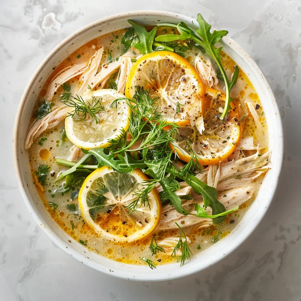 A white ceramic bowl filled with golden broth and tender shredded chicken, speckled with vibrant green arugula and lemon slices. Garnished with a sprig of fresh dill on top.