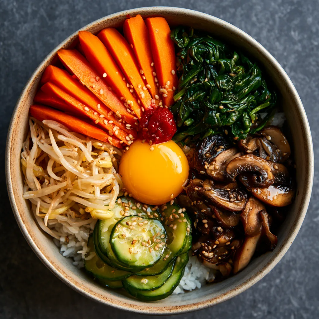 From above, a wide shallow bowl of white rice is topped with neat wedges of vivid orange carrots, dark green spinach, pale bean sprouts, glossy brown mushrooms, and fresh cucumber circling a sunny egg yolk center, with sesame seeds sprinkled like confetti and a small red dollop of gochujang for dramatic contrast.