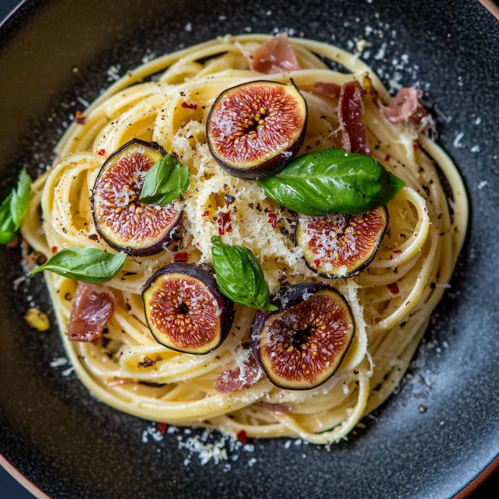 A visually stunning plate of twirled lemony linguine, with deliciously charred fig halves and crispy prosciutto shards scattered about. The garnish of fresh basil leaves adds a pop of green, and tiny specks of red chili give a hint of heat. The pasta is dusted with finely grated Parmesan, providing a lovely white contrast against the colorful backdrop.