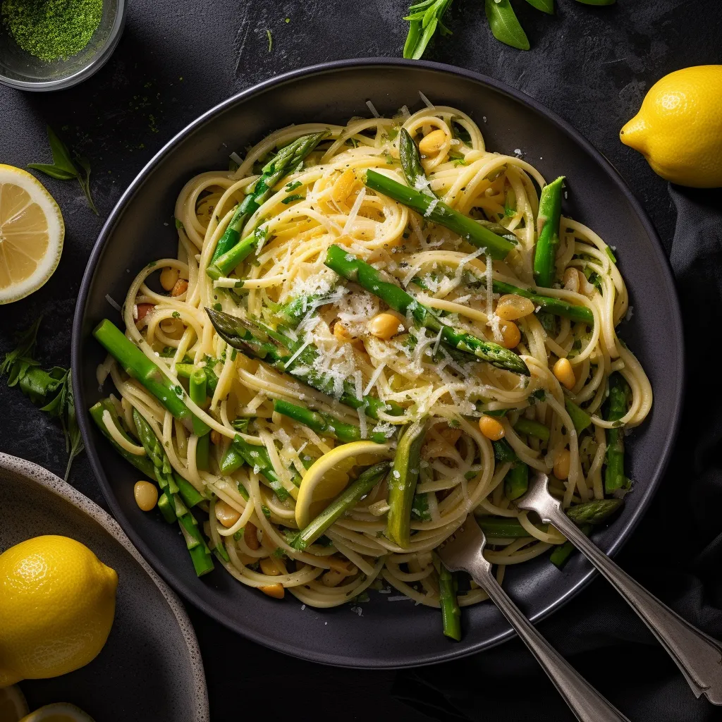 Long, thin strands of linguine are coated in a bright yellow sauce speckled with green asparagus pieces, topped with shaved parmesan cheese and fresh herbs.
