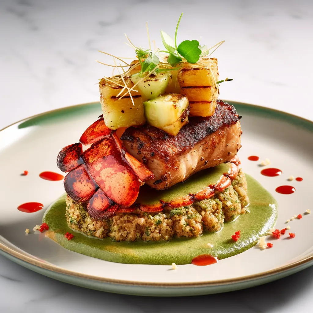 A rectangular plate features a bed of light brown quinoa, adorned with chunks of lobster and pork belly on top. The lobster and pork belly are intertwined and coated in a shiny, golden sauce that drips down onto the quinoa. The dish is elevated with a bright green avocado puree and chunks of vibrant yellow and green pineapple salsa on the side.