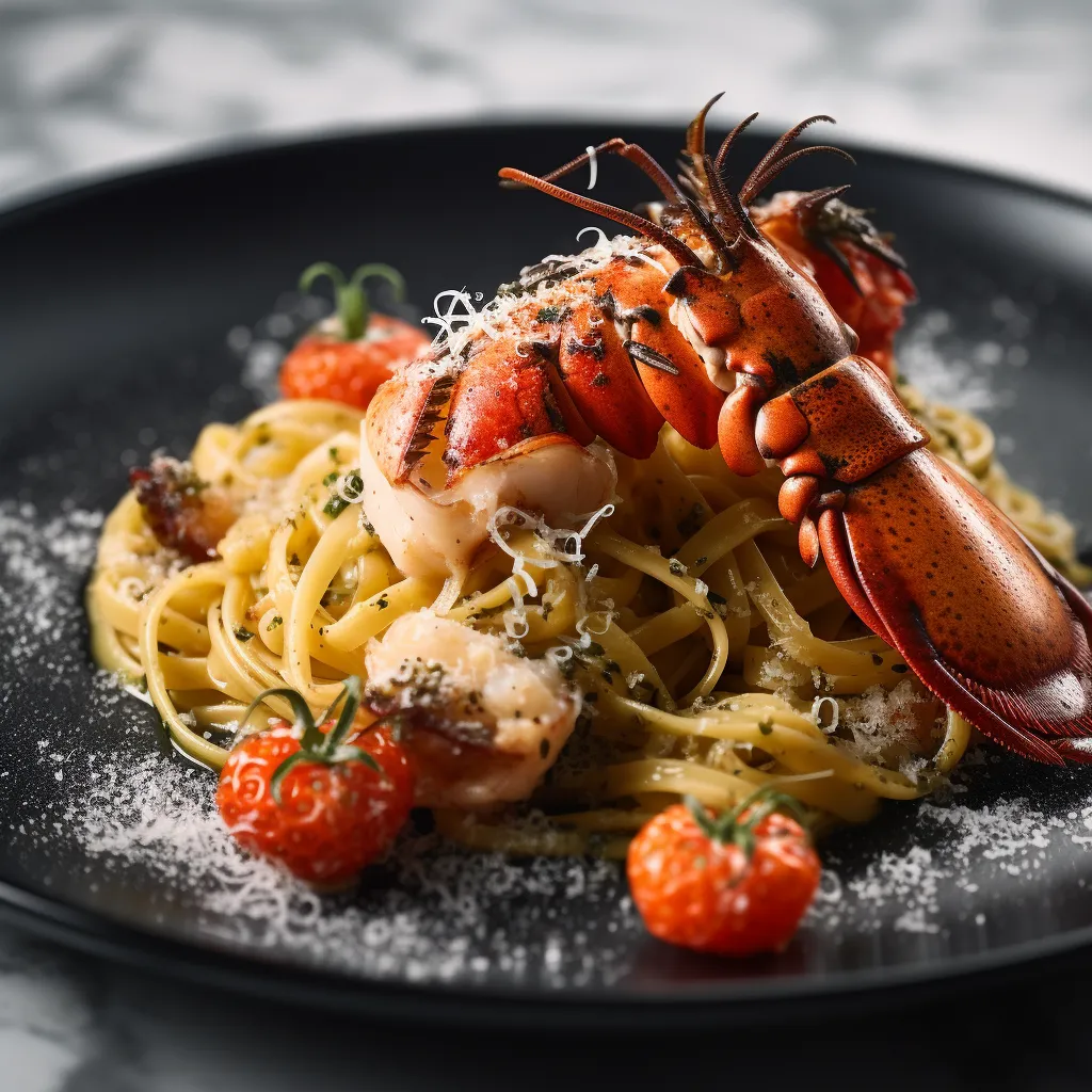 A beautiful plate of homemade pasta topped with chunks of lobster and drizzled with truffle oil.