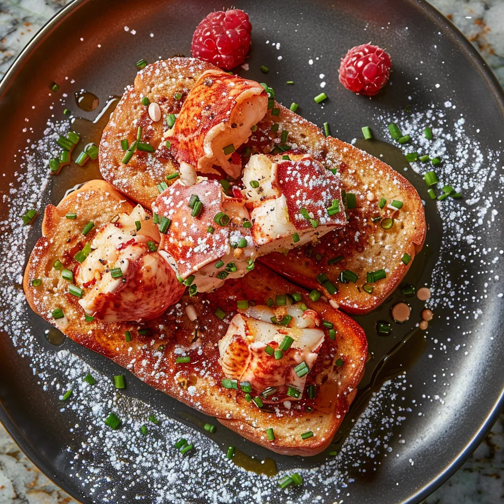 Bright red chunks of lobster meat softly resting on thick, golden brioche French toast. It's topped with a sprinkling of green chives, light-colored citrus zest, and dusting of powdered sugar, complemented by the deep crimson of the berries on the side.