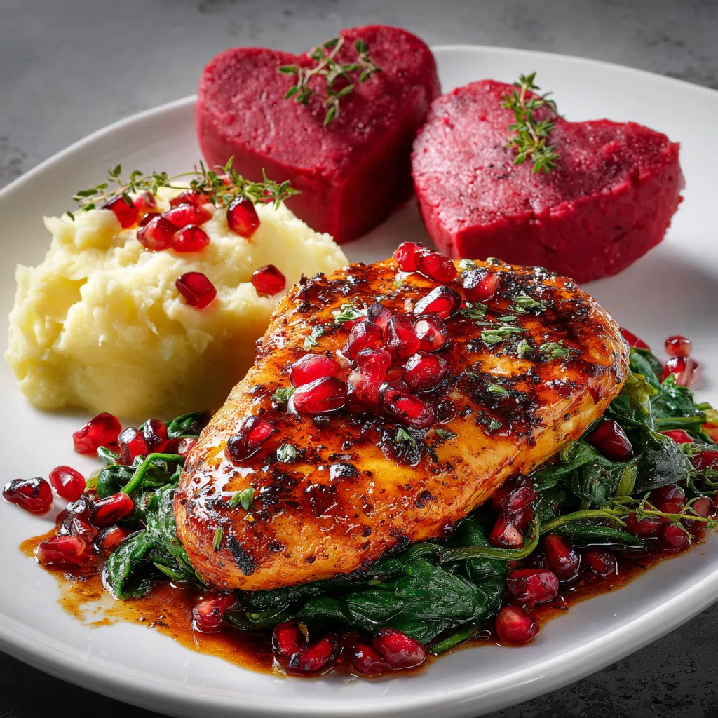 The glistening pomegranate glazed chicken sitting atop a bed of vibrant sauteed spinach is sprinkled with ruby-like pomegranate arils. It's accompanied by two heart-shaped beet infused mashed potatoes on the side, each with a sprig of thyme poking from the top to resemble an arrow - Cupid's own.