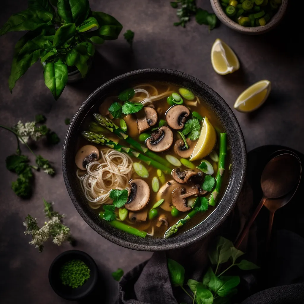 A clear broth filled with thinly sliced asparagus and shiitake mushrooms,tender strips of chicken, topped with fresh herbs like cilantro and thai basil, and served with a nest of translucent konjac noodles.