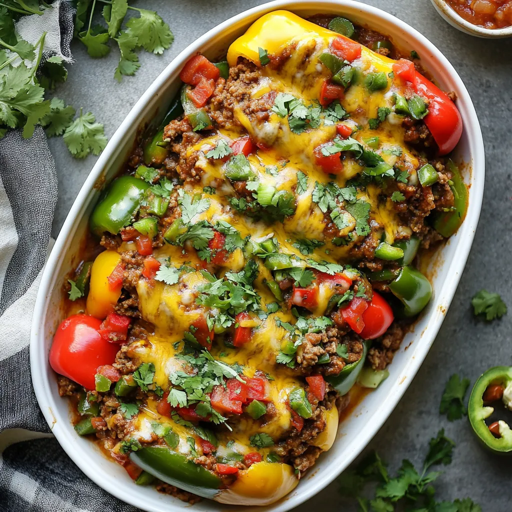 The vibrant dish showcases a mix of red, yellow, and green bell peppers, each overflowing with golden melted cheese and rich minced beef mingling with colorful veggies and salsa. Surrounded by scattered fresh coriander leaves, the platter pops with delicious, eye-catching hues.