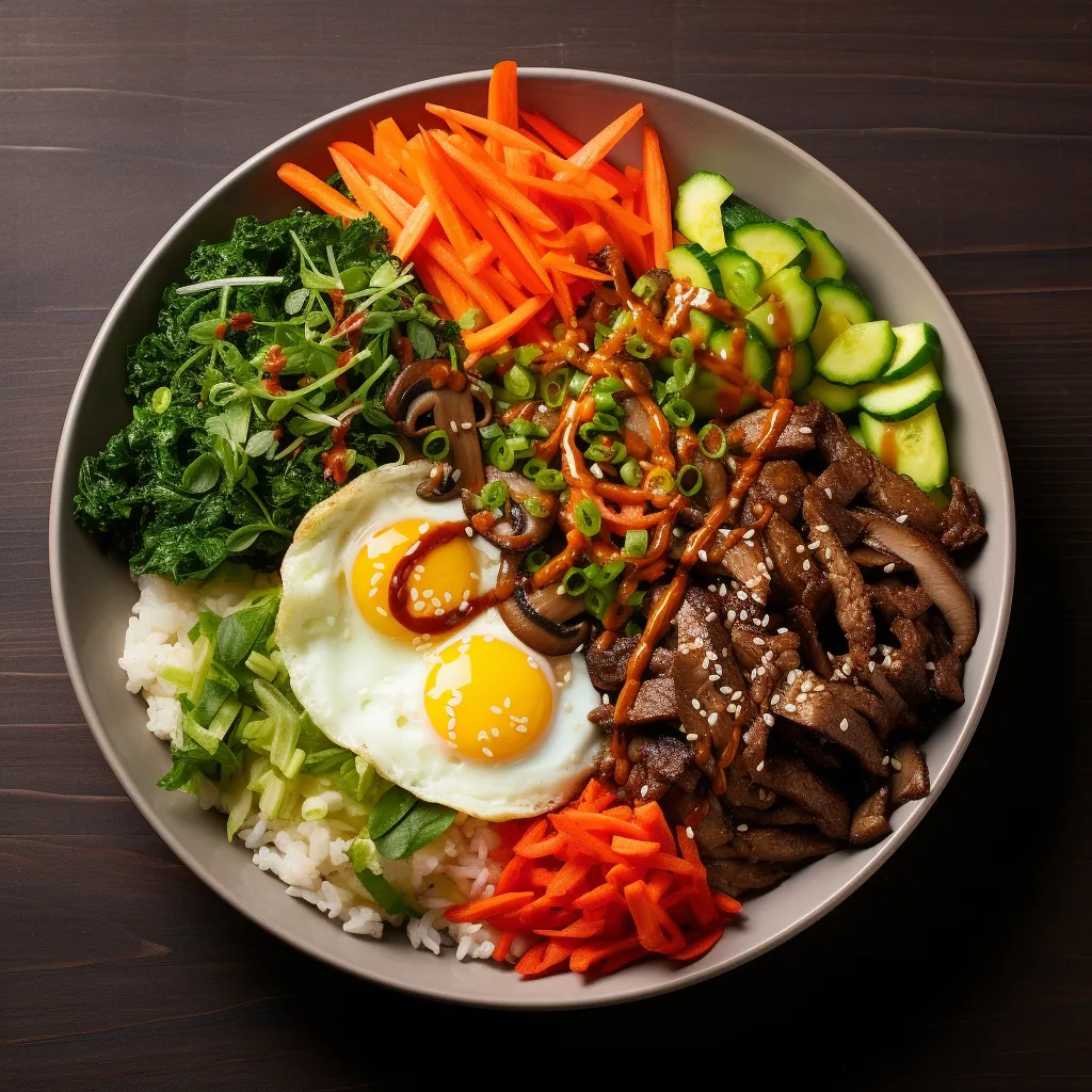 This appealing dish features a bed of cauliflower 'rice' at the bottom, topped with neatly arranged sections of colorful vegetables - sauteed mushrooms, blanched spinach, julienned carrots, and ribbons of cucumber for a refreshing crunch. At the center, caramelized Korean BBQ beef adds a luscious bronzed tone, crowned by a sunny-side-up egg with a perfectly runny yolk; tiny touches of sesame seeds and finely chopped green onions sprinkled for a polished finish.