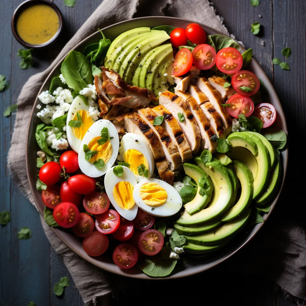 A colorful plate showcasing neatly arranged rows of grilled chicken, avocado, cherry tomatoes, cucumber, hard-boiled eggs, and goat cheese on a bed of fresh lettuce, drizzled with a tangy lemon vinaigrette.
