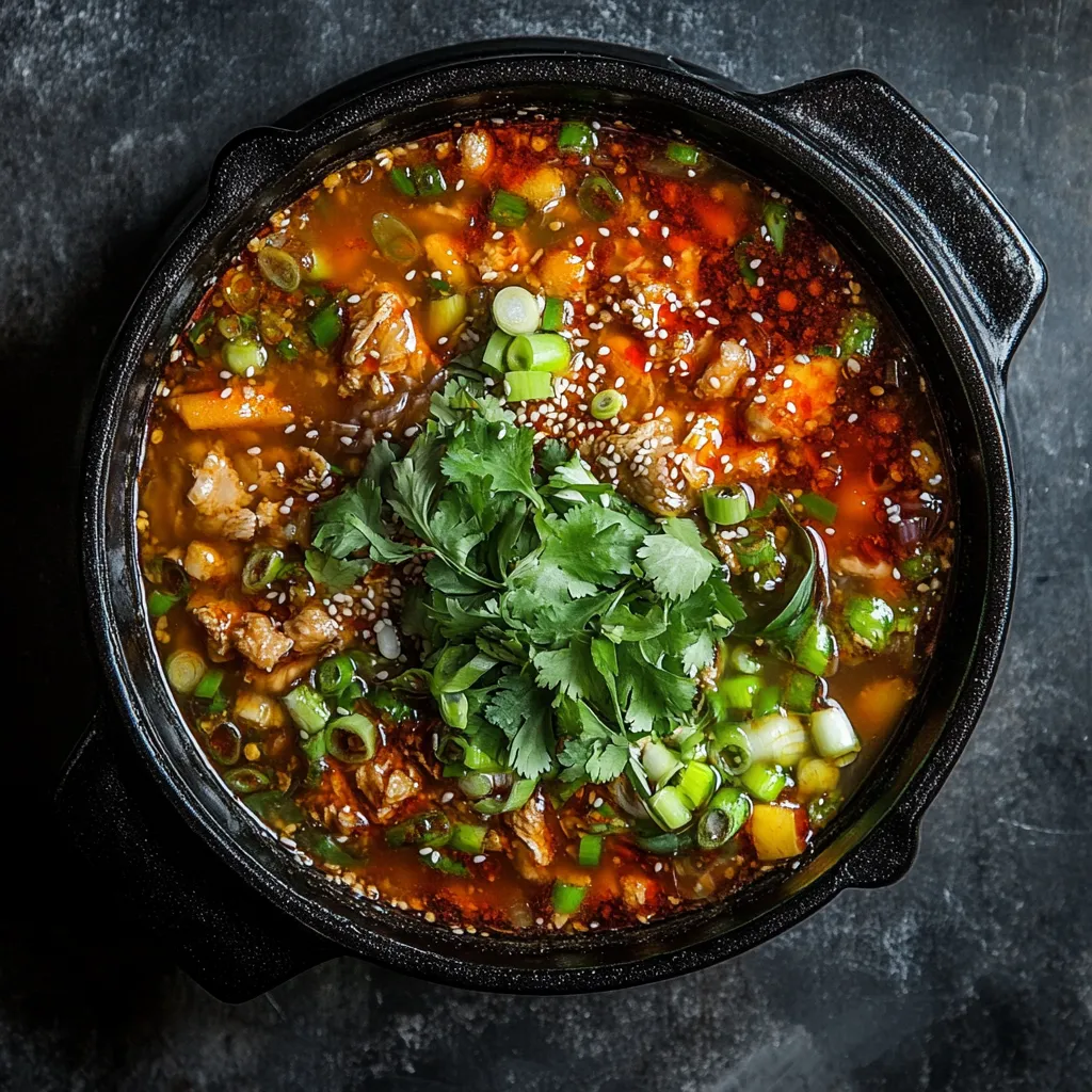 Vibrant colored vegetables and tender chicken peep out of a shimmering golden broth. It's garnished with bright green scallions and a drizzle of chili oil, that create beautiful patterns on the surface, all served in a classic black iron pot.