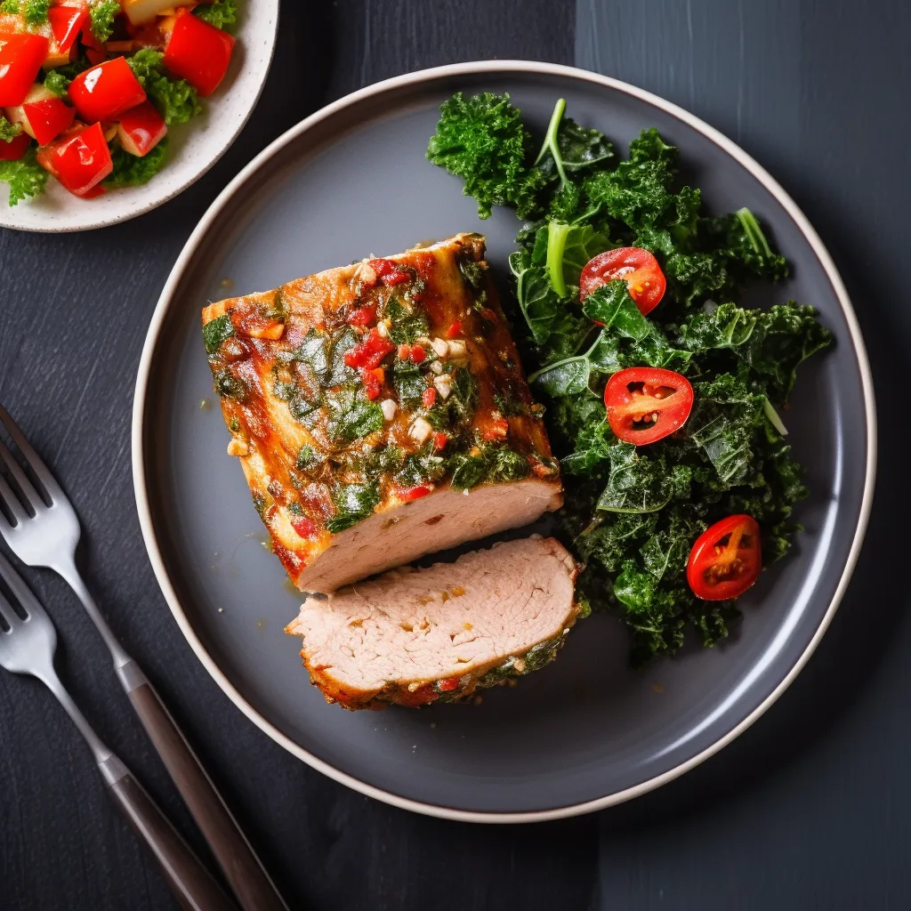 A slice of juicy turkey meatloaf with a light brown crust served with a bright green and red kale and roasted red pepper salad.