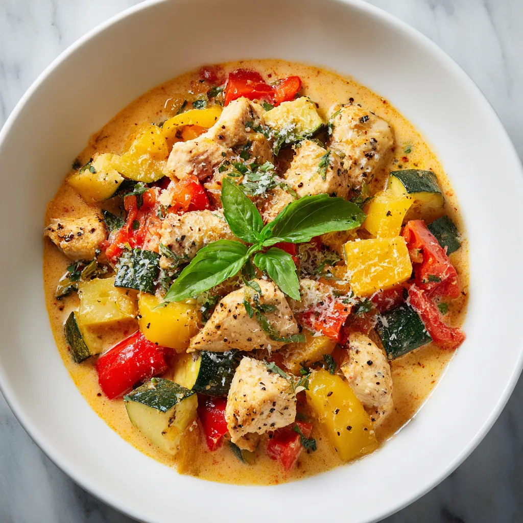 A burst of color in a white deep bowl with vibrant yellow bell peppers, deep green zucchini, red tomato chunks mingling with golden-browned chicken pieces. A sprinkle of grated parmesan over the top adds a hint of creaminess, while a sprig of basil lends a fresh, final touch. The contrast of the rich colored stew against the white bowl makes it an eye-catching dish.