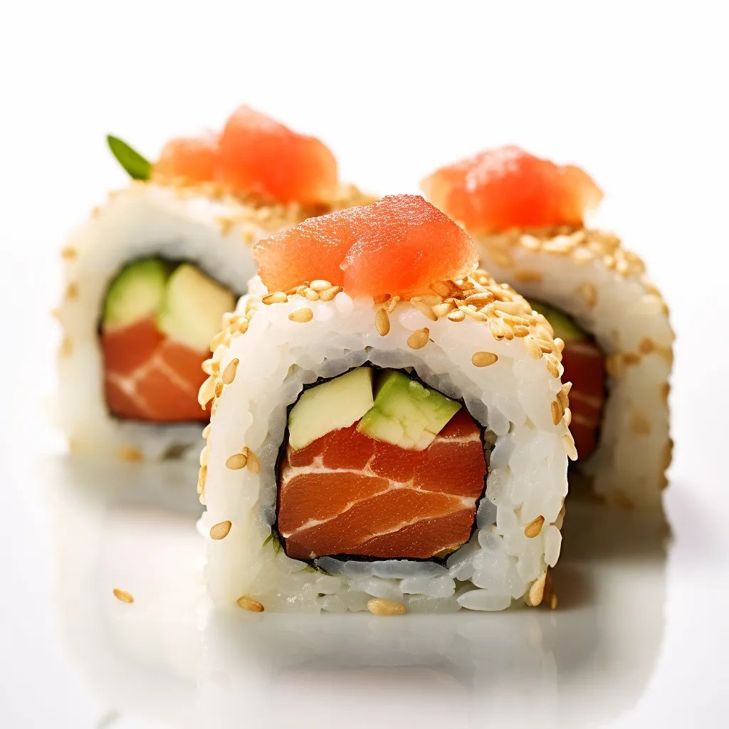 The sushi roll is cut into 6 to 8 pieces and arranged on the plate to resemble the NYC skyline, complete with tall buildings and vibrant colors. Lox and cream cheese are visible through the top layer of rice, giving the dish a vibrant, irresistible appeal.