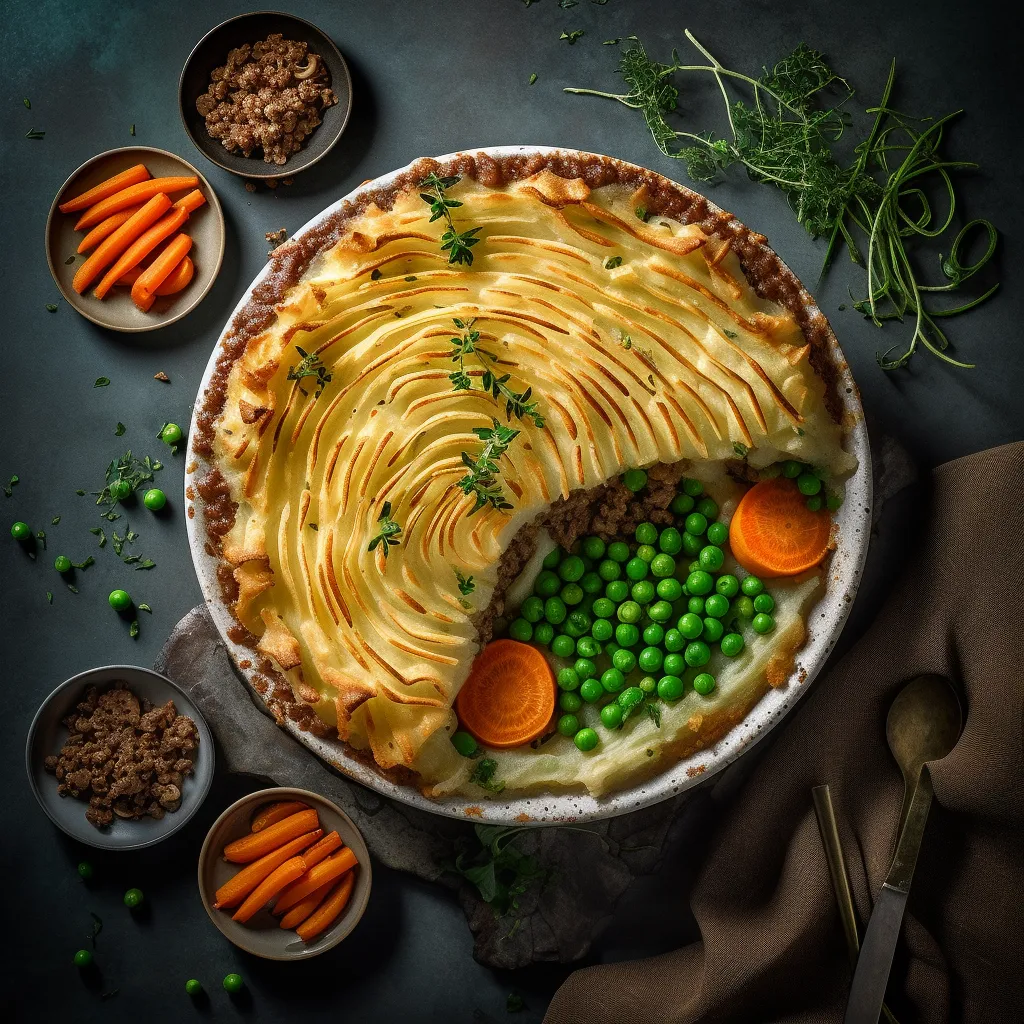 A stunning layered dish, with a golden-brown and creamy sweet potato crust on top, followed by a savory beef filling with vibrant pops of orange and green from the carrots and peas.
