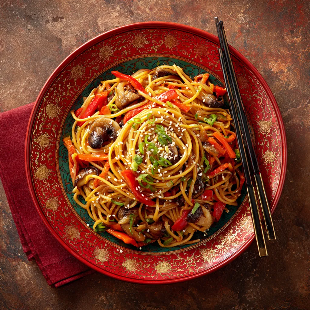 Long glistening noodles pile high in the center of a vibrant plate, adorned by Shiitake mushrooms, red bell peppers, and carrots cut into festive shapes. Garnish of chopped green onions and sesame seeds adds a pop of color. The plate showcases festive colors of red, green, and gold, embodying the Lunar New Year spirit.