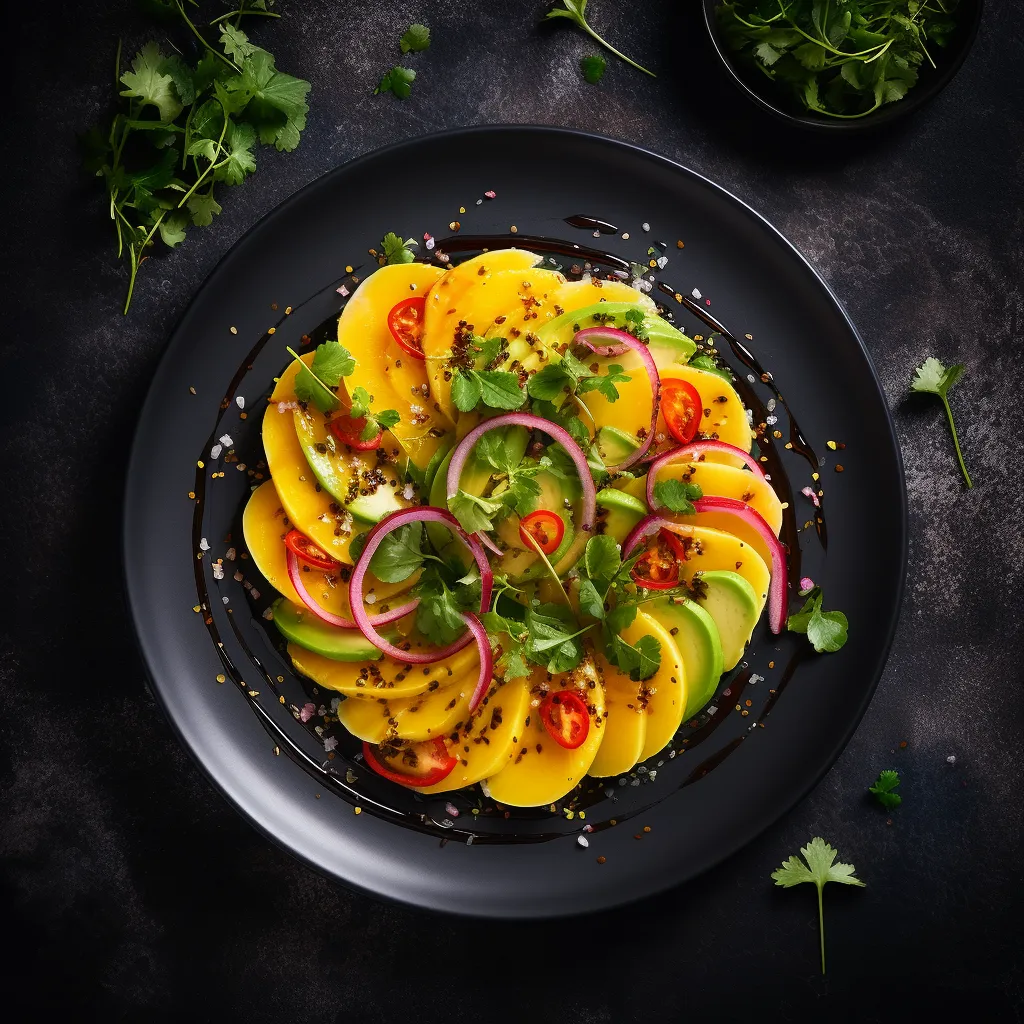 A beautifully arranged plate with thin slices of mango topped with an avocado salsa, garnished with microgreens for a pop of color.
