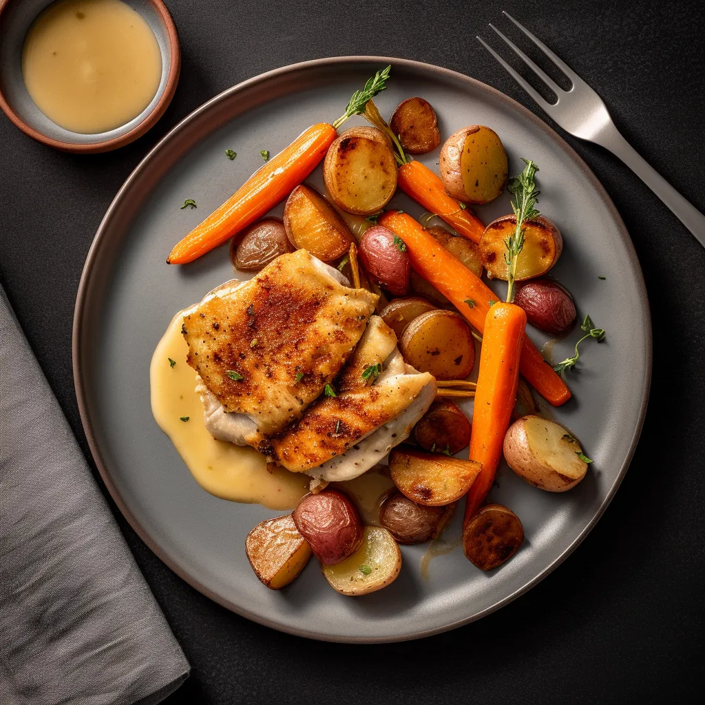 A plate with succulent chicken thighs coated with sweet and spicy maple dijon sauce. Accompanied by colorful carrots and potatoes with a hint of thyme.