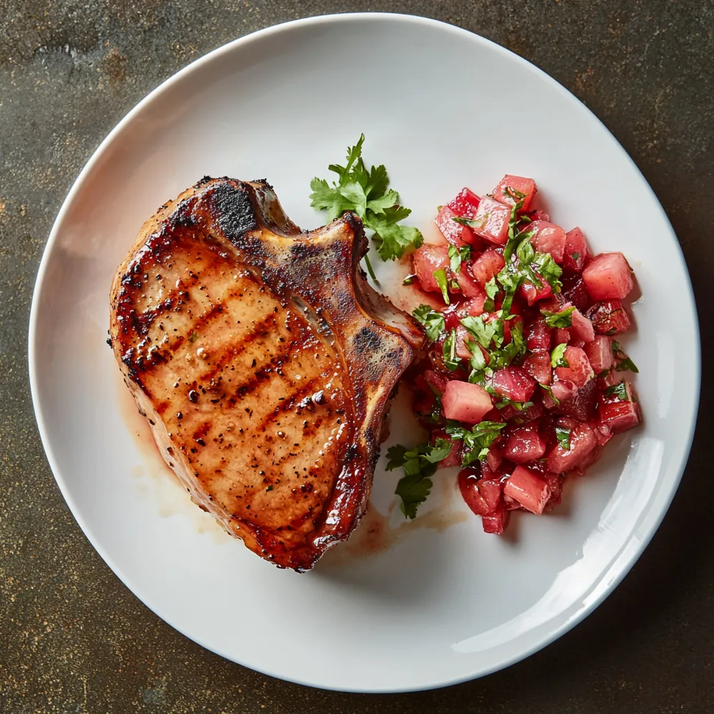 A richly glazed, golden-brown pork chop lies at the center of a crisp white plate. On one side, a vivid, ruby-red mound of rhubarb chutney pops, its pieces clearly visible. A smattering of fresh, green herbs adds another burst of color.
