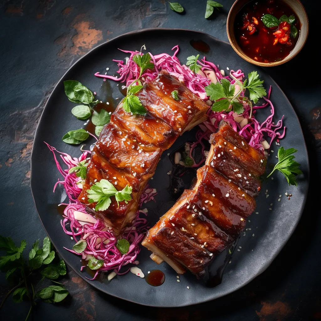 A plate of juicy pork ribs, covered in a shiny, caramelized BBQ sauce, sprinkled with chopped herbs and served with a side of coleslaw or pickled veggies.