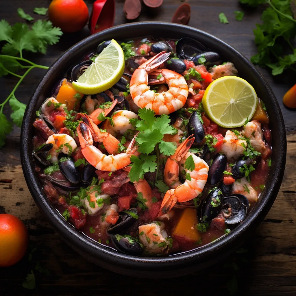 A deep, terracotta bowl filled with seafood stew, topped with vibrant green herbs and colorful citrus salsa. The translucent pink prawns, black mussels, and succulent white fish pieces peek out from the rich, deep-red tomato and bean stew. The whole dish exudes a warm, appetizing glow.