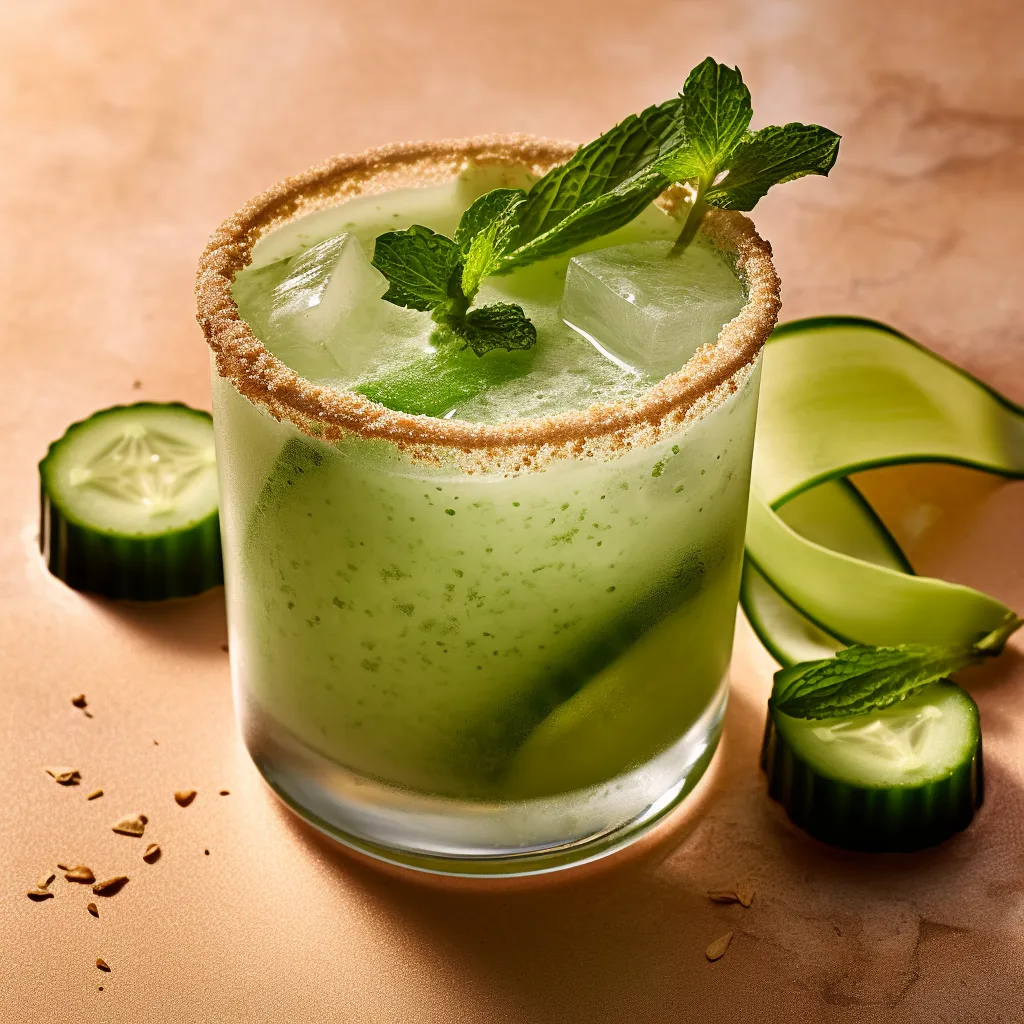 This cocktail is served on the rocks in a tall glass with slices of cucumber and a sprig of fresh mint for garnish. The light green color of the drink with specks of cucumber makes for an inviting and refreshing visual.