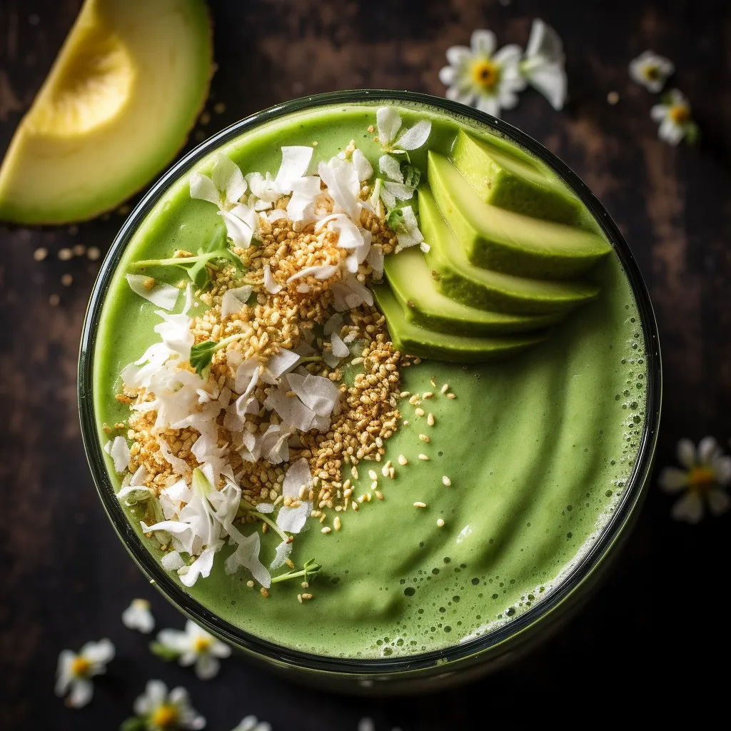 A deep green, velvety, and frothy smoothie topped with shredded coconut and a slice of ginger, served in a tall glass.
