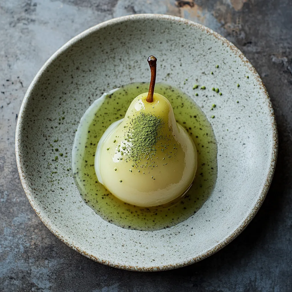 A translucent, amber-hued pear sitting on a pool of light-green matcha-infused syrup, glistening under the drizzle of golden honey. Topped off with a light dusting of Matcha powder, creating an intriguing contrast between the Matcha's vivacious green and the pear's gentle glow.
