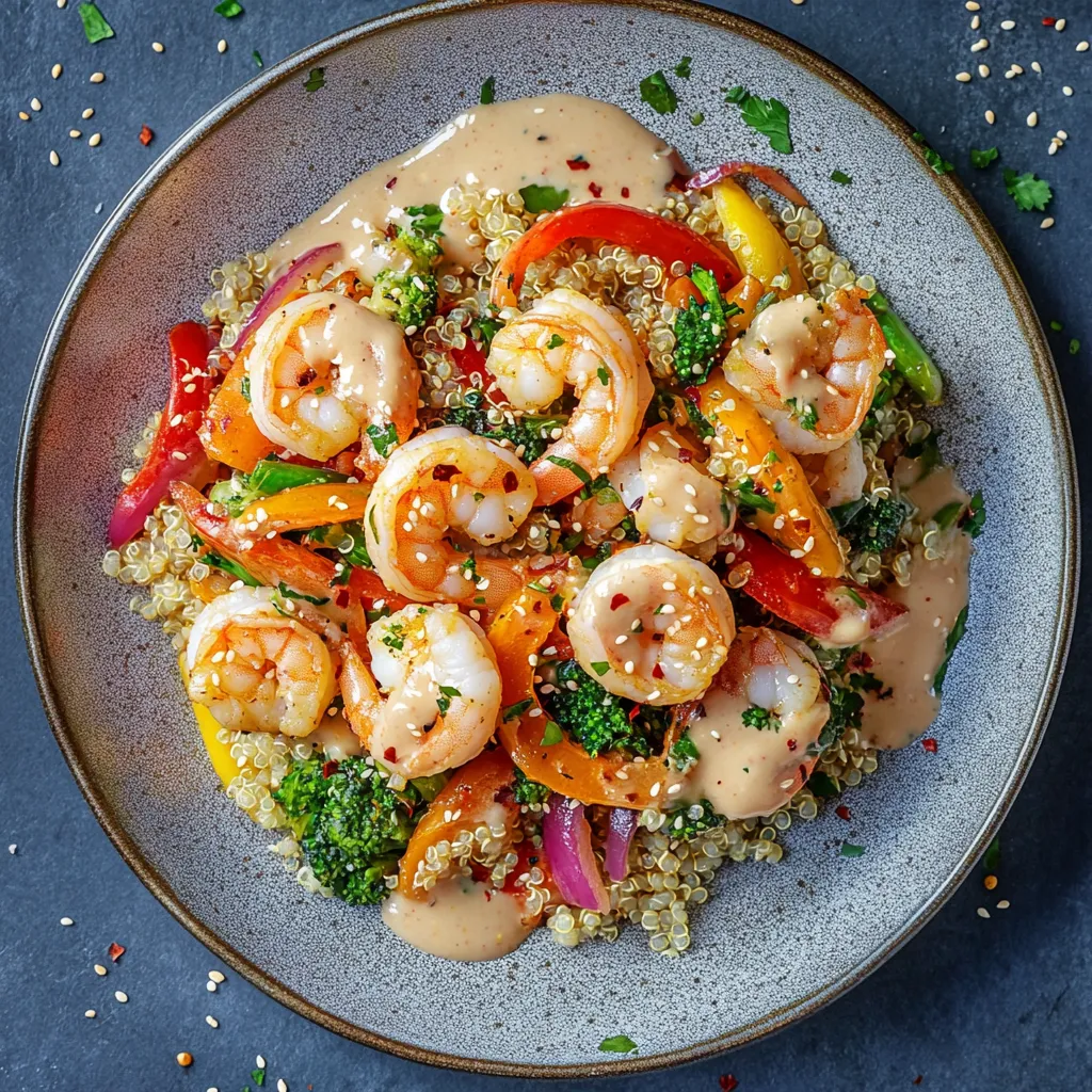 A colorful cascade of succulent shrimp and stir-fried vegetables served over a bed of quinoa, drizzled with a golden tahini sauce. Garnished with hints of red chili flakes and lightly toasted sesame seeds, the dish pops with an irresistible fusion of color.