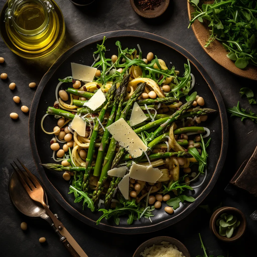 A bed of arugula topped with roasted asparagus, white beans, olives, capers, and shaved Parmesan cheese. The salad is drizzled with a lemony vinaigrette and garnished with fresh herbs.