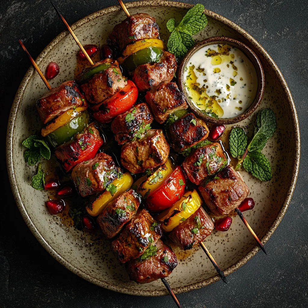 Rows of juicy lamb meat chunks and char-grilled vegetables on wooden skewers are lined up on a circular, rustic ceramic plate. Drizzled tarragon oil glistens under the light. Sprinkled pomegranate seeds add a pop of color while a side sauce and garnished mint leaves boost the visual appeal.