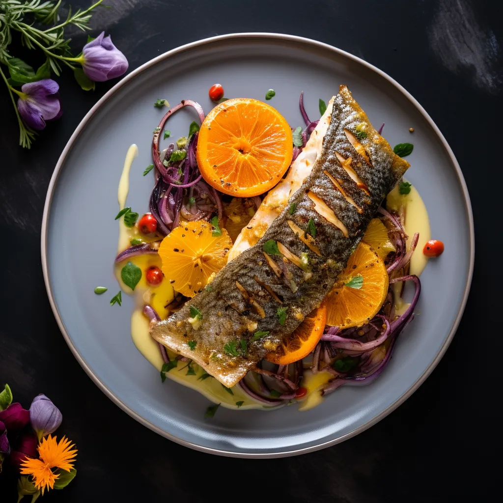 A beautifully grilled black sea bass fillet drizzled with a vibrant lemon herb sauce, served alongside a colorful fennel and orange salad.