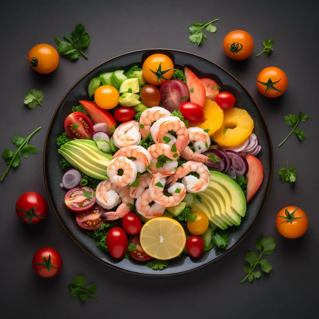 A colorful plate of thinly sliced seasonal fruits, sweet cherry tomatoes, tender shrimp, and creamy avocado on a bed of fresh greens.