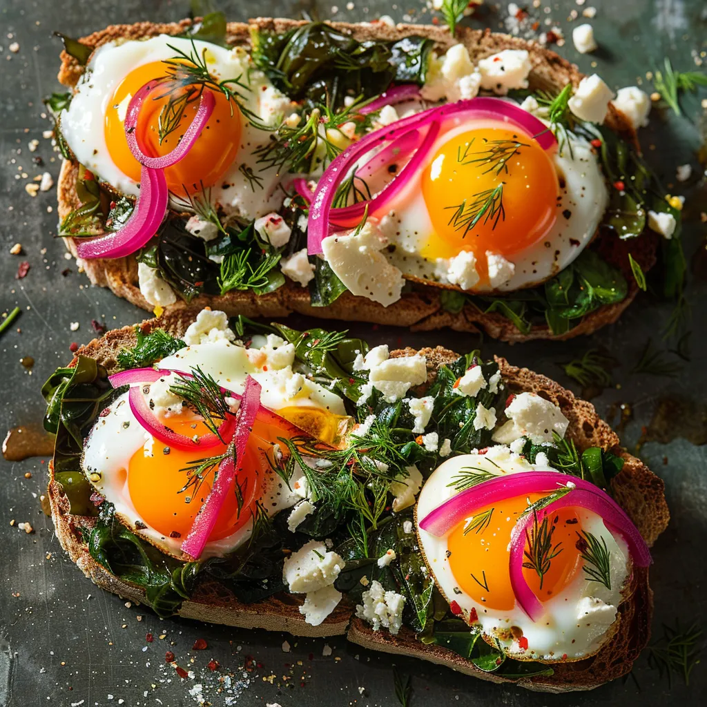 Golden, toasty slices of rye bread form the base of this striking dish. They are layered with wilted emerald-green chard and creamy feta crumbles. Each toast is crowed with poached eggs, with bright yellow yolks glistening at centre. A sprinkle of fuchsia pickled onions and dark green dill fronds add vibrant pops of color.