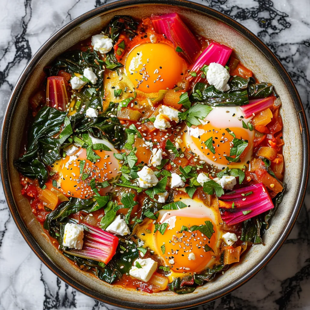 An attractive ceramic skillet filled with a reddish-orange sauce with pieces of rainbow chard peeping out. Bursts of white set against this backdrop from poached eggs peeking from the sauce. Crumbles of feta and a sprinkle of fresh herbs add the final touch.