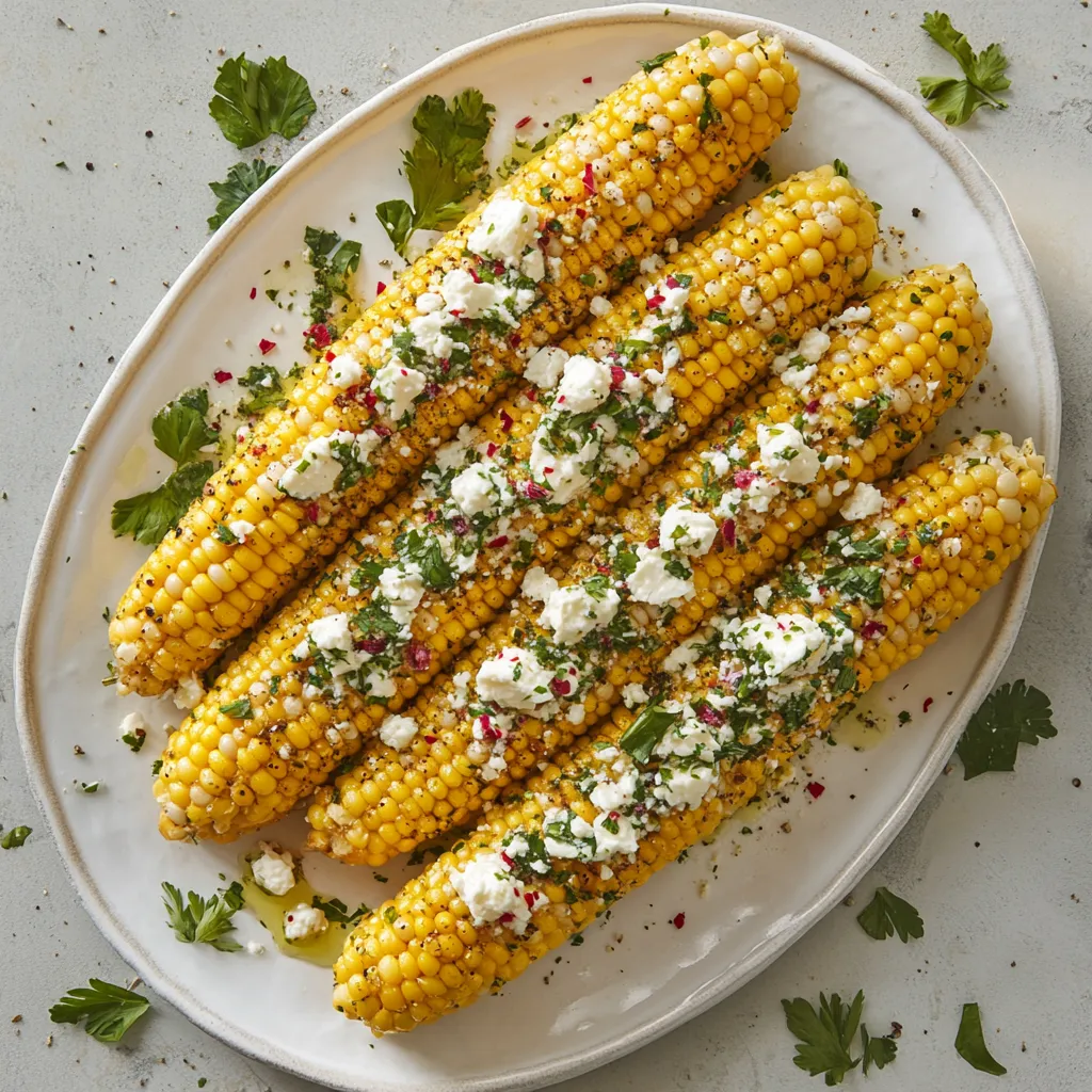 Four golden yellow corn cobs sit on a large, rustic, white serving platter. Each cob is generously slathered with butter that sparkles with finely chopped vibrant green herbs, crumbles of snowy white feta cheese just barely melting from the heat of the corn, and speckles of pink peppercorns. Bright green sprigs of fresh herbs like dill, mint and parsley are randomly scattered around for a garden-fresh appeal.