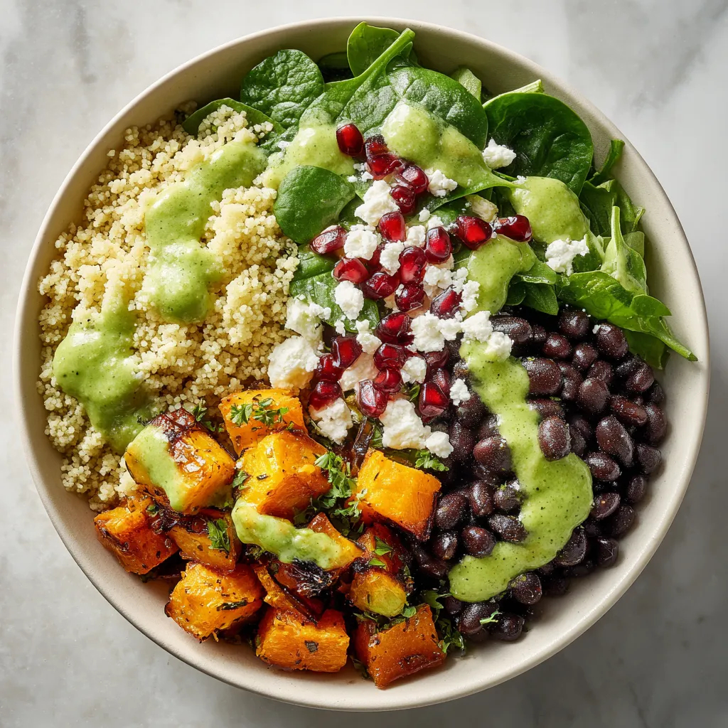 A vibrant feast for the eyes, you see a heaping spoonful of fluffy couscous flecked with fresh herbs occupying one quarter of the bowl. The adjacent quarter is a rich, earthy mélange of roasted butternut squash and black beans. To complete the circle, a verdant salad of crisp spinach leaves, jewel-like pomegranate seeds and snowy feta is nestled in the remaining space, topped with a liberal drizzle of bright green avocado dressing.