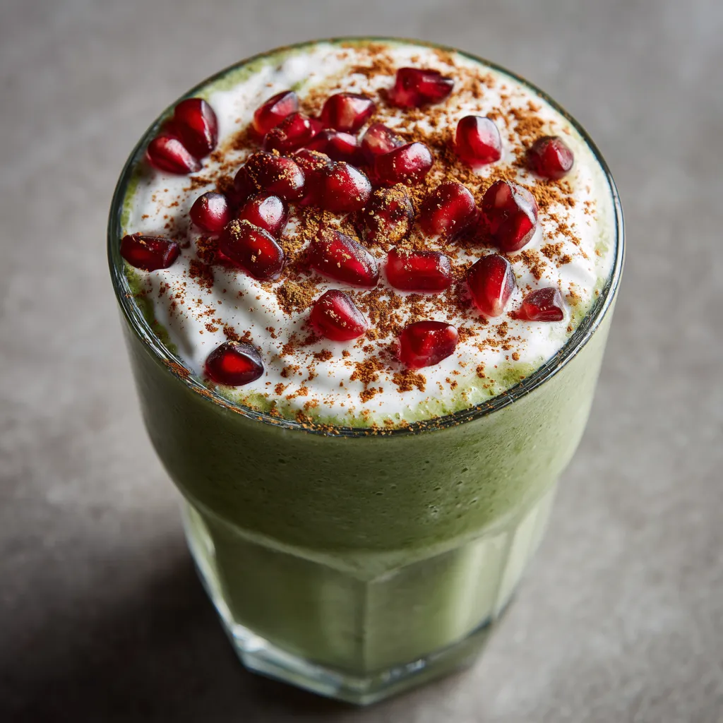 A deep, light-green colored velvety smoothie serving in a clear glass, topped with a generous dollop of white Greek yogurt. Glistening pomegranate arils scattered on top add vibrant pops of red, while a light dash of cinnamon adds a warm brown hue and an enticing look.