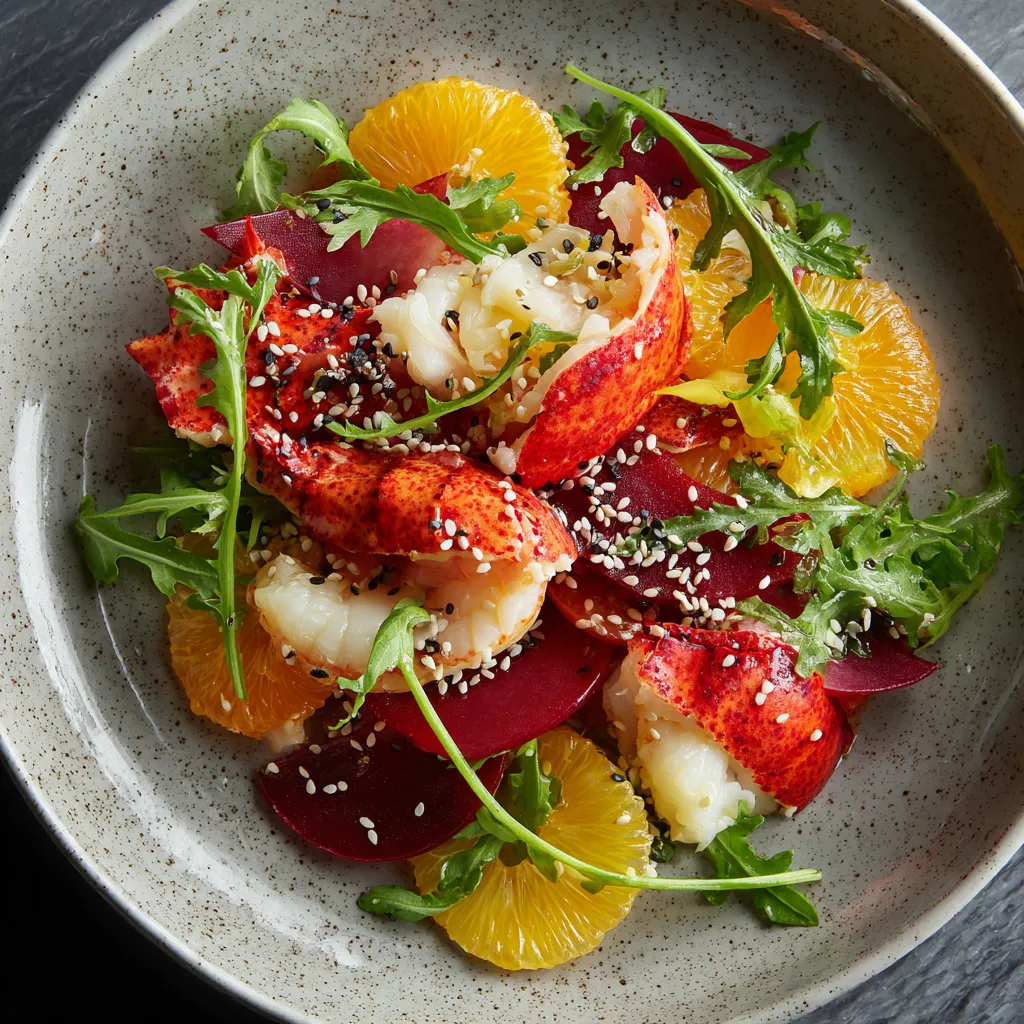 Vibrant curls of buttery lobster lay elegantly on a winter citrus salad that adds a pop of color with bright oranges, deep reds, and lush greens. A sprinkle of sesame seeds adds a final touch of contrast, making the dish a feast to the eyes.