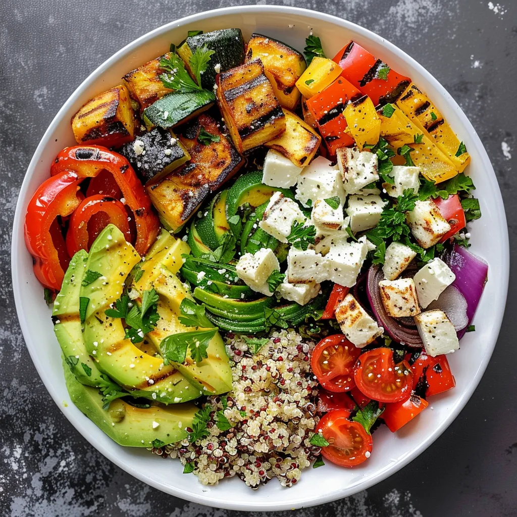 Your Instagram photo would show a bright and colorful dish, with an array of char-grilled vegetables forming a rainbow over a bed of fluffy quinoa. The creamy avocado and feta cubes add contrasting soft textures and colors, tempting anyone viewing your post!