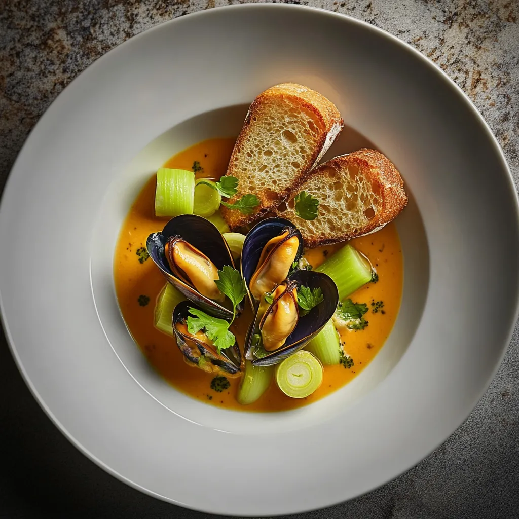 The texture-rich dish features glossy, open mussels popping with vibrant orange, laying on a bed of slightly caramelised bright green leeks. The creaminess of the sauce with a hint of saffron-yellow and finely chopped parsley gives its elegance. A thin slice of whole grain baguette at the plate edge completes the picturesque composition.