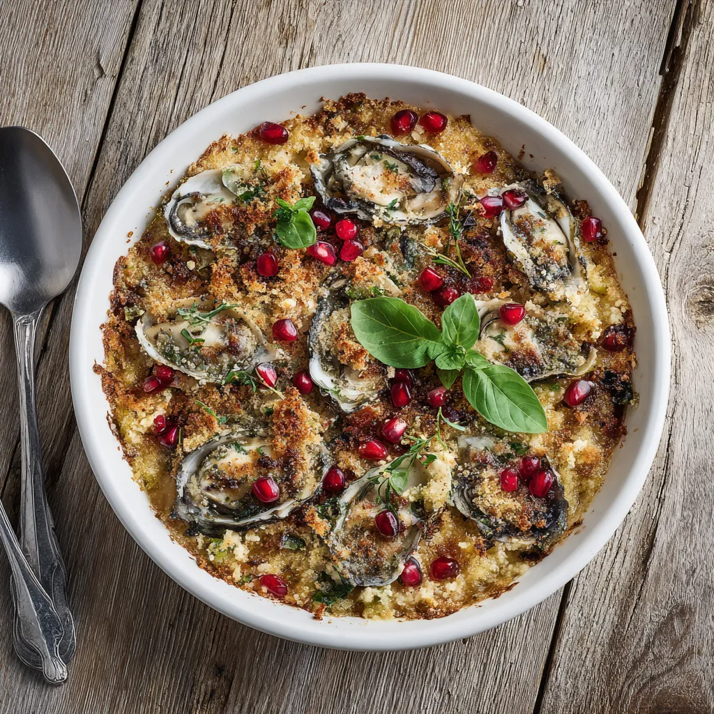 A glamorously gratinated dish with plump oysters nestling amidst a crumbly, browned feta-pomegranate topping. The gratin, served in a white, round-edged dish, is placed on a rustic wooden surface. Garnishing of fresh basil leaves and ruby red pomegranate arils trims the edges of the gratin, perfect for that Instagram snap!