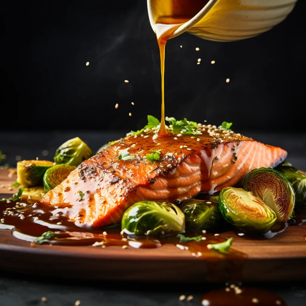 Glistening roasted salmon sits upon a dollop of velvety, luscious chestnut puree, with vibrant greens of roasted Brussels sprouts at its side. A dusting of sesame seeds, streaks of vibrant chili oil, and a garnish of fragrant cilantro sprigs give the plate an Instagram-worthy finish.