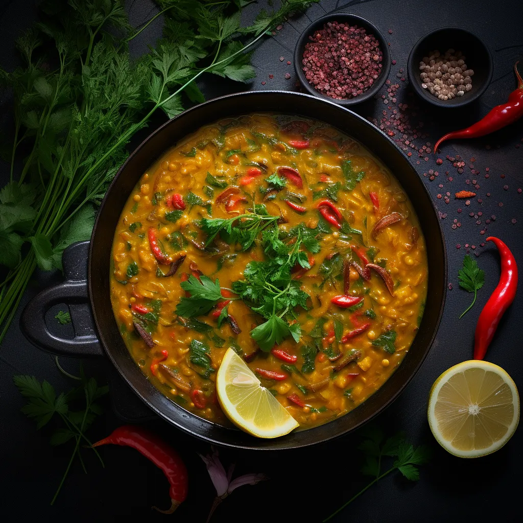 The dish is a beautiful dance of colors, with the red lentils shining bright under the smooth, golden saffron-infused broth. Dotted with vibrant green herbs and crimson peppers, it's a feast for the eyes.