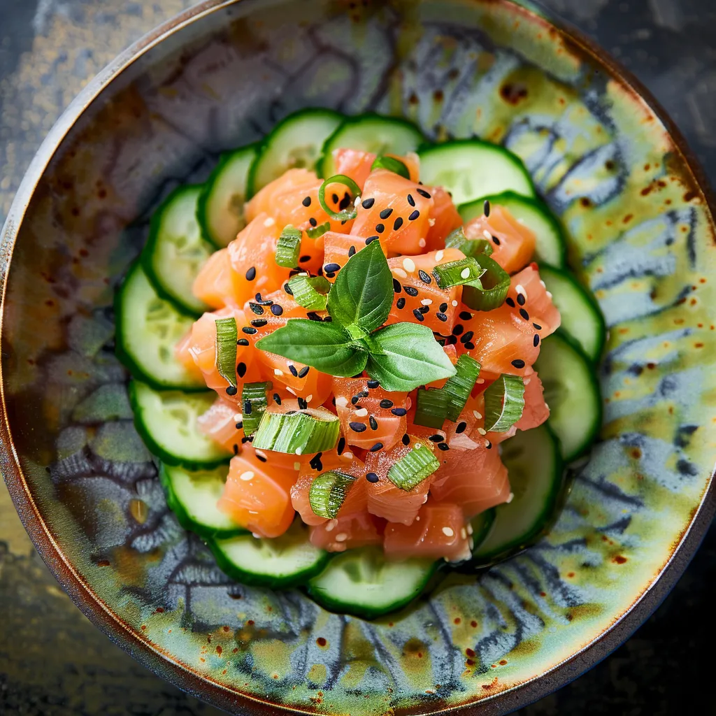 A vibrant display of perfectly diced salmon tartare sits elegantly on a crunchy bed of cucumber slices, contrasting with the green rush of chopped shiso leaves. The tartare shines bright pink, enrobed by a citrusy yuzu dressing. A sprinkle of black sesame seeds adds the finishing touch, adding a beautiful contrast and texture.