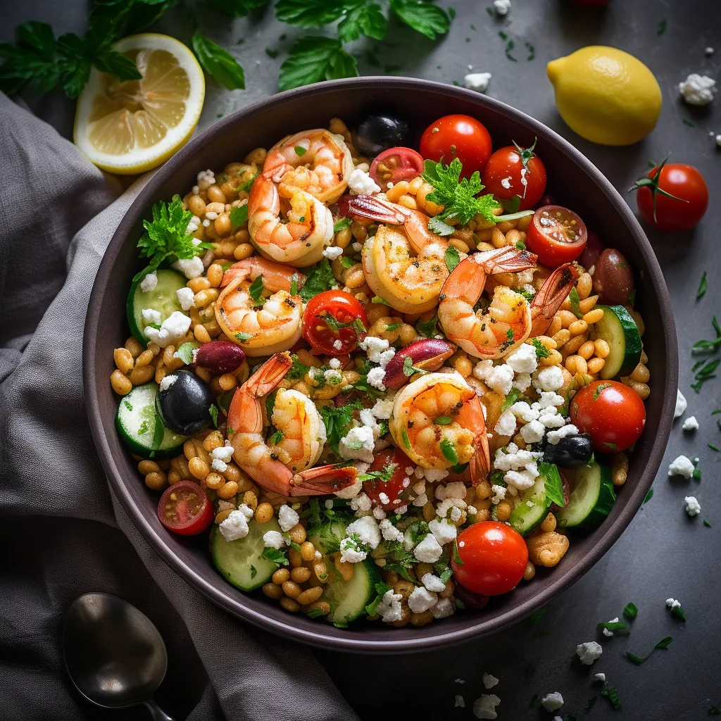 A colorful and appetizing bowl made with boiled Israeli couscous, pan seared shrimp, fresh cherry tomatoes, roasted pumpkin, sliced cucumber, and olives. It's garnished with fresh parsley and feta cheese and dressed with a lemon-garlic vinaigrette.
