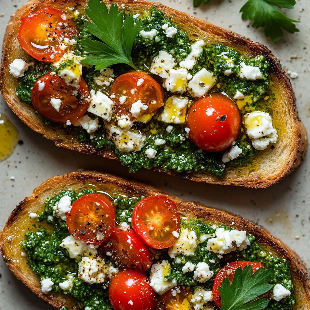 Golden, crispy toast slices acting as a canvas for the vivid green parsley pesto, adorned with ruby red cherry tomatoes and crumbled feta cheese. Each component distinctly laying atop one another, creating a wonderful visual contrast. A sprig of parsley graces the dish as the final touch.