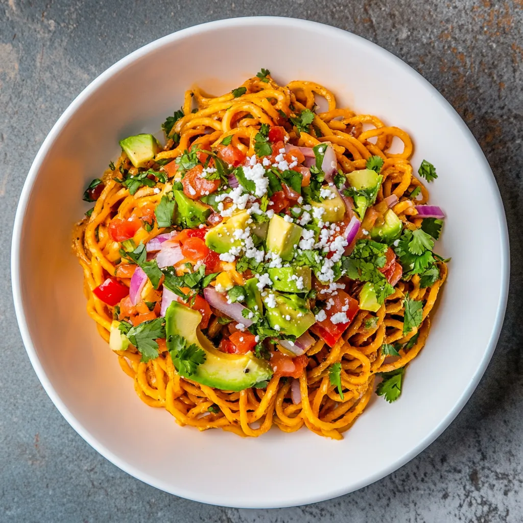 A colorful mound of golden wheat noodles interlaced with green strips of sautéed kohlrabi, mixed peppers, and purple onions. The dish is embellished with dollops of creamy avocado, scattered cotija cheese, and vibrant, bright red salsa. Finished off with a sprinkle of chopped fresh cilantro and served on a white plate aiding the liveliness of the ingredients to leap from the dish.