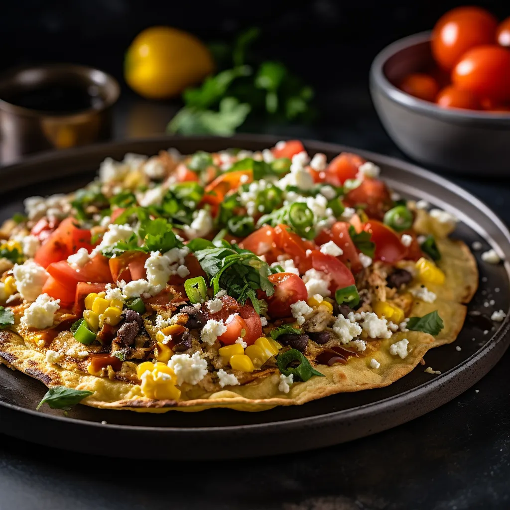 A slightly crispy golden-brown tostada base is piled high with softly scrambled eggs mingled with green chives. There's a layer of charred tomatoes & black bean salsa. Everything's dusted with crumbled queso fresco, a sprinkle of cilantro and a drizzle of smoky chipotle sauce. The dish brims with vibrant colors – the green chives, red salsa, and warm-gold eggs look absolutely tempting.